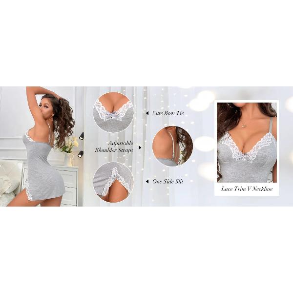 Women's Sexy Lace Nightgown V Neck Cami Sleep Dress Spaghetti Strap Slim Fit Short Slip Dress Side Slit Soft Stretch Nightwear