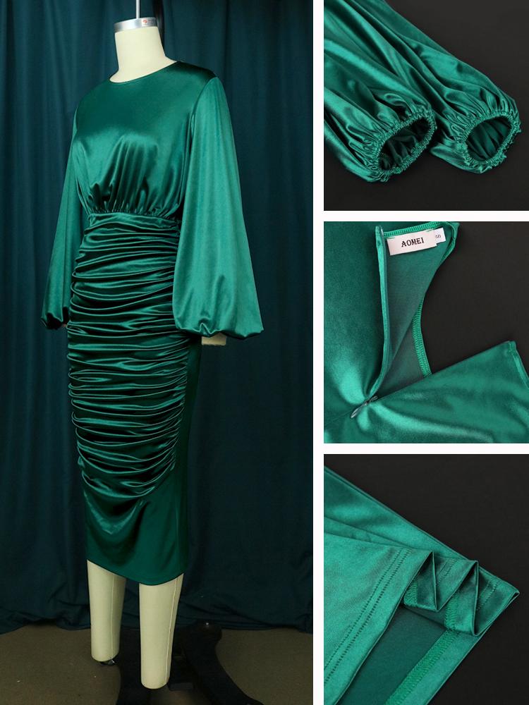 Grüne Plissee-Outfits für Damen, O-Ausschnitt, lange Laternenärmel, Falten, hohe Taille, elegante Damen-Abend-Cocktail-Event-Kleider, Kleid in Übergröße