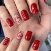 24Pcs Glossy Red Love Heart Press On Nails Cute Valentine's Day Short Square Red Heart False Nails Full Cover Acrylic Nails Tips