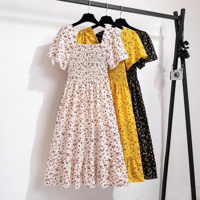 Women's Floral Print Chiffon Dress Casual Summer Autumn Short Sleeve Elastic Waist A-Line Midi Dress Fashion
