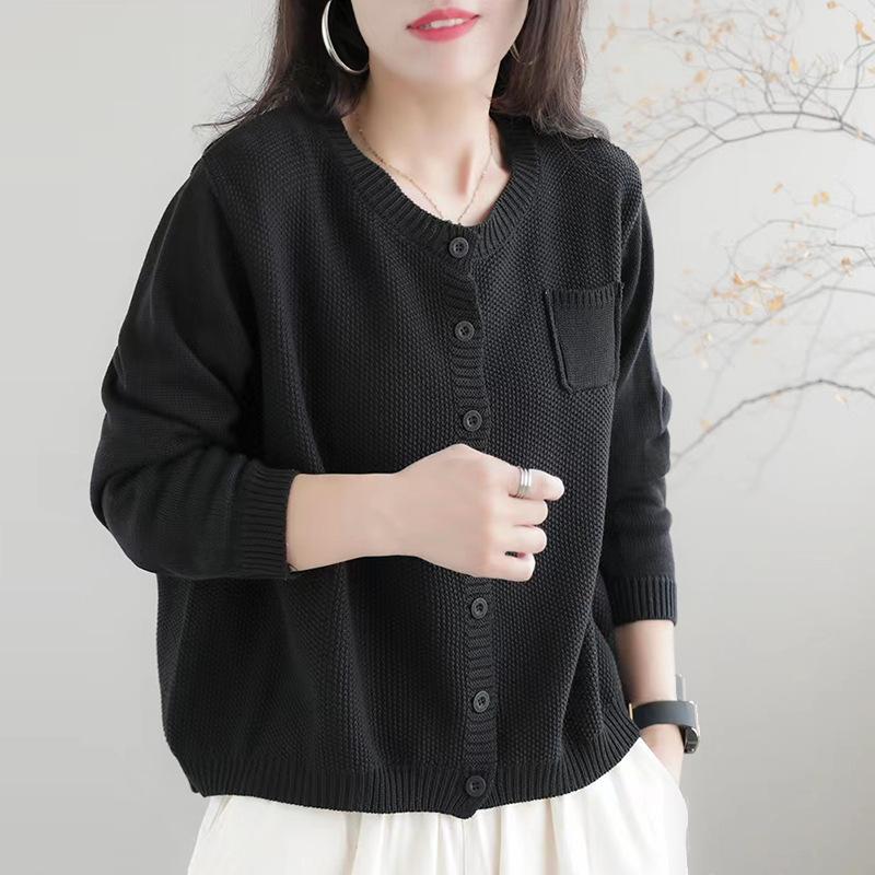 

Knitted Cardigan Women s Autumn and Winter Sweater Coat Korean-style Laid-back Sweater Coat M чёрный