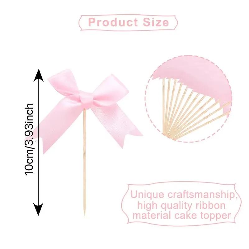 Pink Bow Cupcake Toppers Kids Girls Birthday Party Cake Topper Decoration Baby Shower Wedding Bachelorette Party Suppliesa