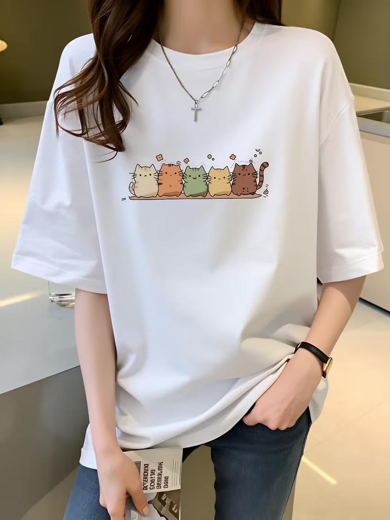 Korean Style Cute Hanging Cats Graphic Tshirt Minimalist Cat Casual White Top Aesthetic Versatile Crew Neck Tee For Cat Lovers