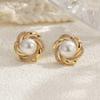 Copper Wrapped Faux Pearl & Cubic Zirconia Gold Stud Earrings for Women