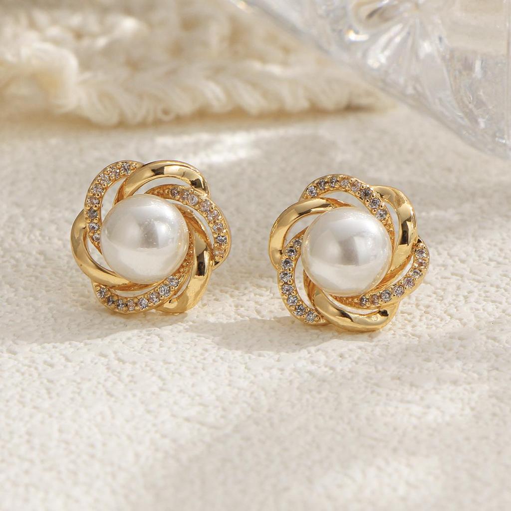Copper Wrapped Faux Pearl & Cubic Zirconia Gold Stud Earrings for Women
