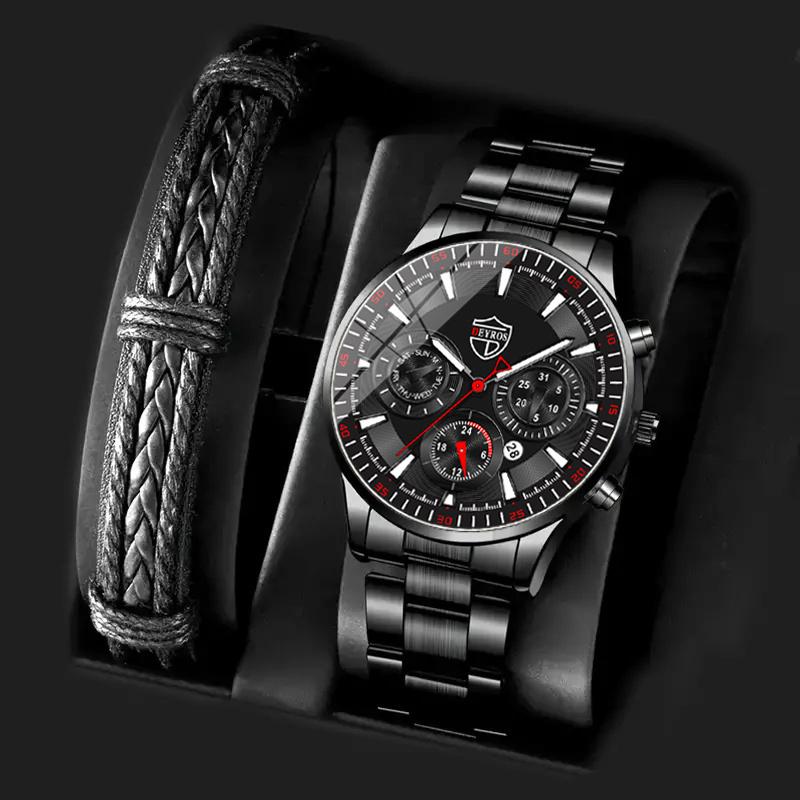 2PCS Set DEYROS Luxury Men's Watch Fashion Men's Calendar Watch Casual Men's Stainless Steel Strap Quartz Watch&Bracelet