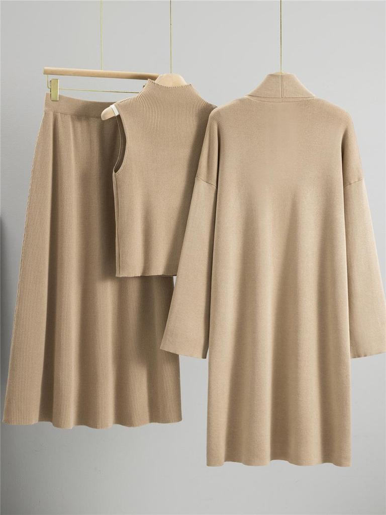 Korean Casual High Neck Knit Cardigan & Wide-Leg Pants Three-Piece Set for Women - Autumn/Winter Style