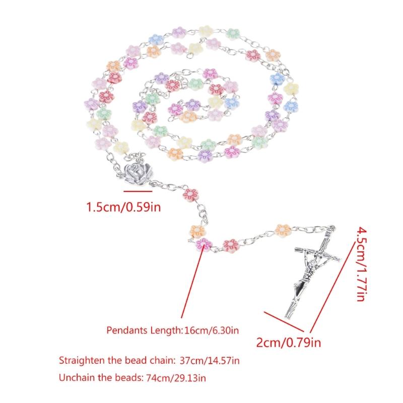 Rosary Crystal Bead Necklace Catholic Rosary Bead with Metal Crucifix Religious Jewelry for Women Flower Beaded Necklace
