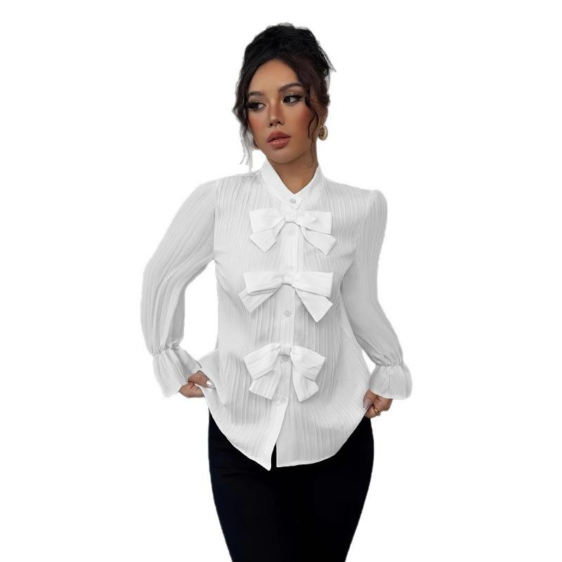 Women S French Style Long Sleeve Shirt With Bow Decoration