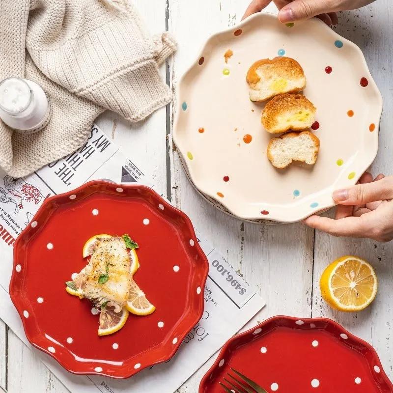 20cm Cute Porcelain Dinner Plate,Kitchen Dinnerware,Dot Pattern Western Dish,Fruit Plate,7.9" Tableware,Microwave,Oven Safe
