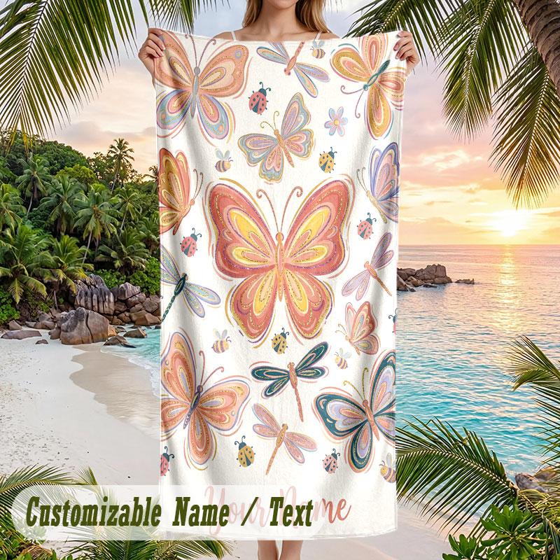 Butterflies Dragonflies Garden 2 Theme Quick Dry Beach Towel Custom Name Text Print Large Sand Resistant Towel Beach Vacation