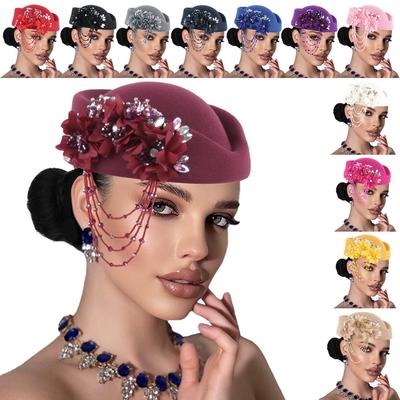 Retro British Hat for Women 3D Floral Rhinestone Decorated Beret Cap Cosplay Costume Accessories