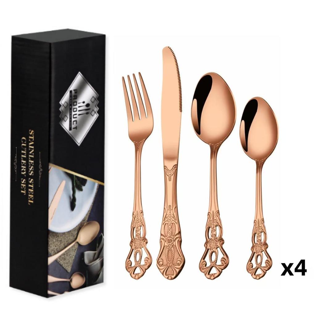 Royal Court 24-Piece Stainless Steel Cutlery Set - Embossed Hollow Steak Knives, Forks, and Spoons