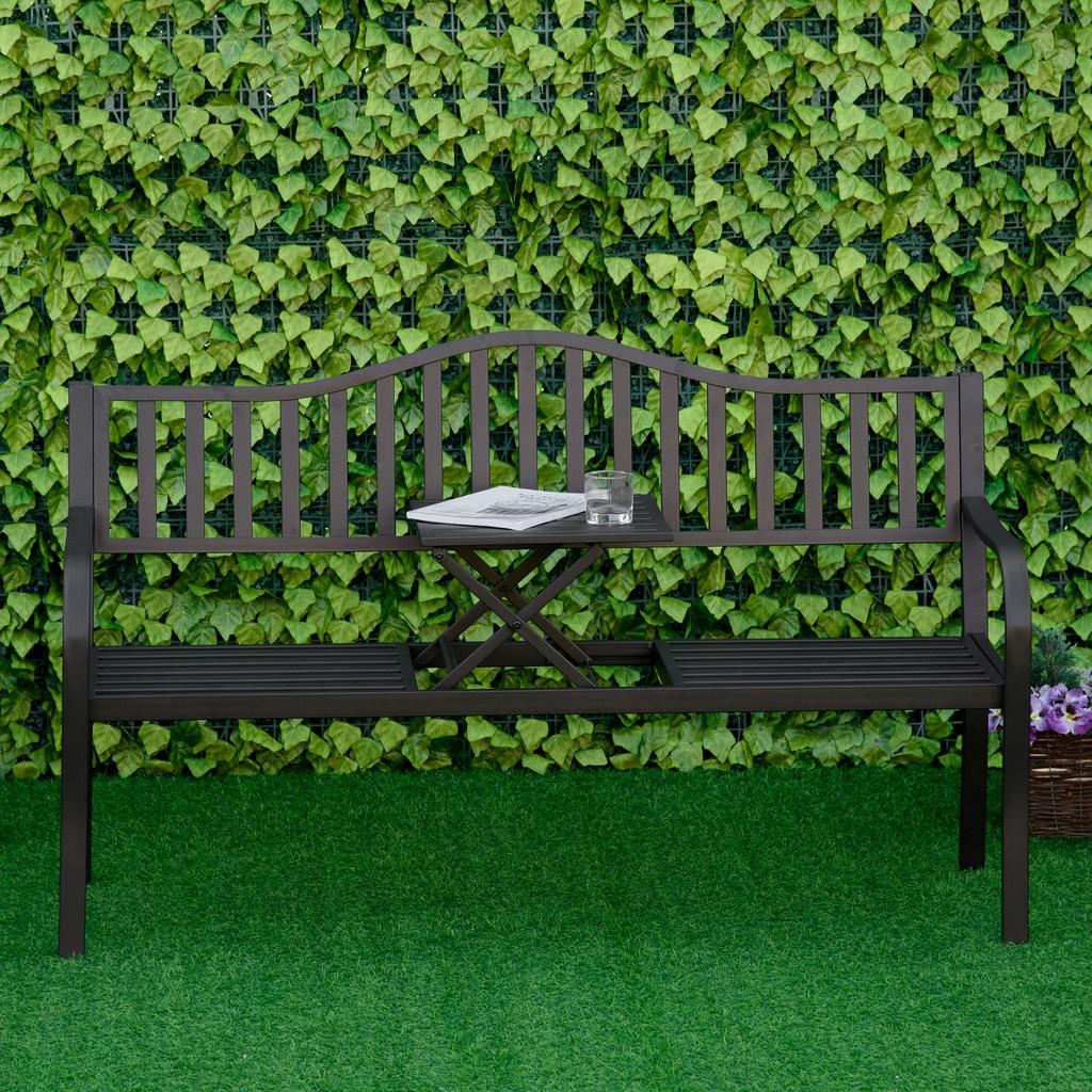 Metall-Gartenbank mit hochklappbarem Mitteltisch. Garten-Zweisitzer. Gartenbank für den Garten. Vorbau. Sitzplätze für 2–3 Personen. Schwarz