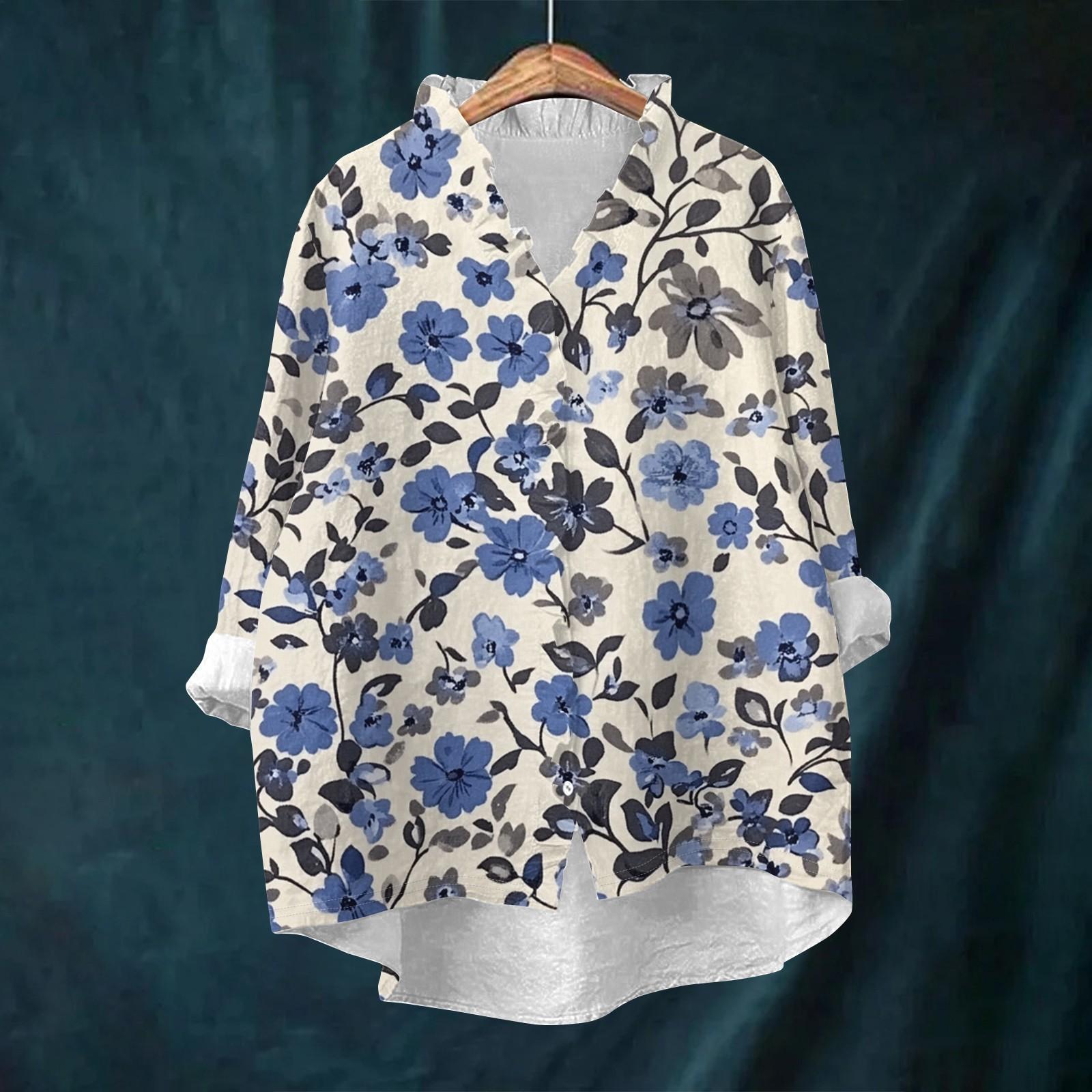 Women s Loose Ruffled Retro Floral Print Stand Collar Long Sleeve Cotton And Linen Top L
