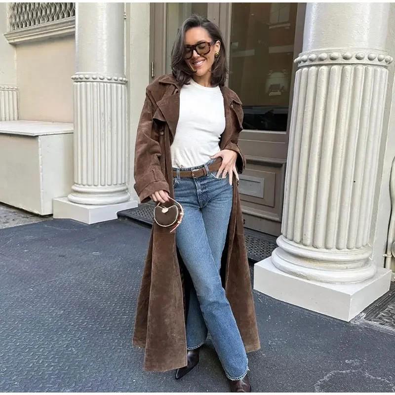 Womens Oversized Vintage Double-Breasted Belted Trench Coat Long Sleeve Suede Fleece Jacket Fall Winter