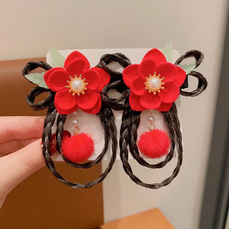 Red New Year Hanfu Hair Clips for Girls - Chinese Style Floral Headwear