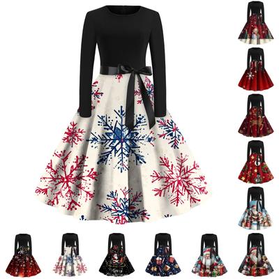 Women's Fashion Vintage Long Sleeve Round Neck Christmas Printed Party Gown Dress
