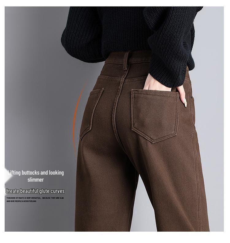 Coffee Brown Women's High-Waisted Velvet-Lined Loose Jeans - Winter 2025 Harajuku Style Trousers
