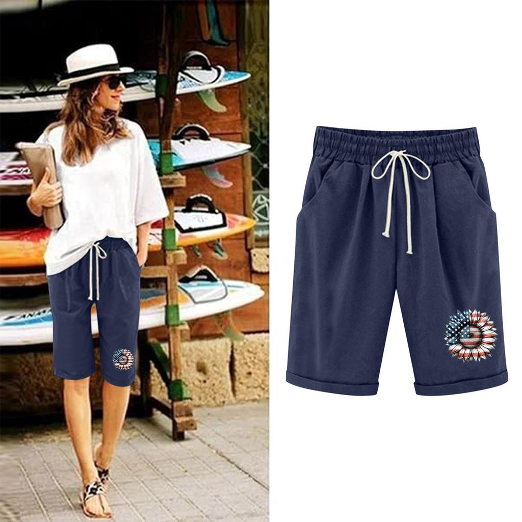 Plus Size Shorts For Women Stretchy Curvy Cotton Linen Drawstring Elastic Waist Bermuda Shorts Casual Beach Clothes