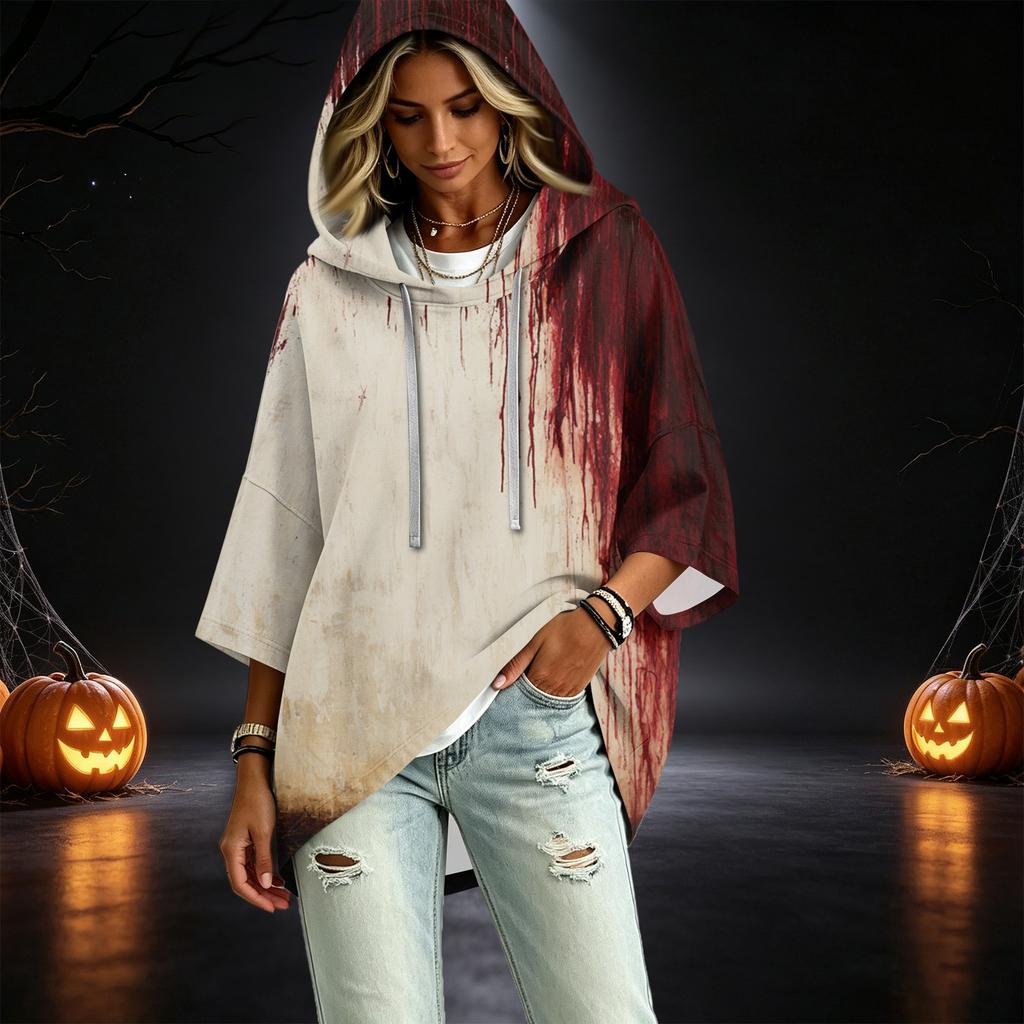 Women's Casual Halloween Print Three-Quarter Sleeve Hooded Pullover Top