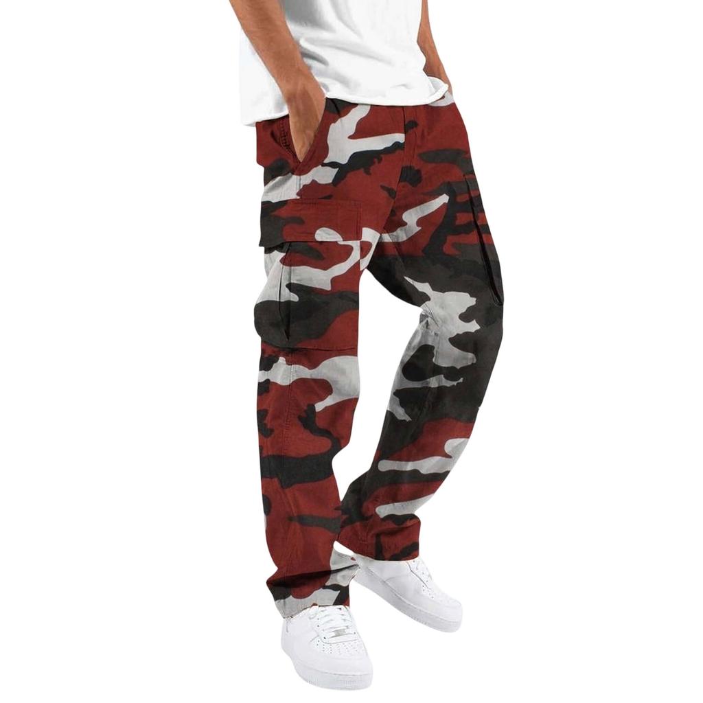 Men Drawstring Elastic Waist Cargo Pants Four Pockets Digital Print Loose Fit Long Trousers for Daily Outdoor Wear