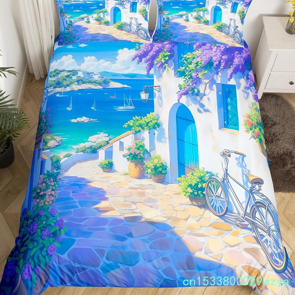 Seaside Town Landscape Bedding Set Flowers Rustic Duvet Cover Coastal Style Island Comforter Cover Ocean Scenery Quilt Cover