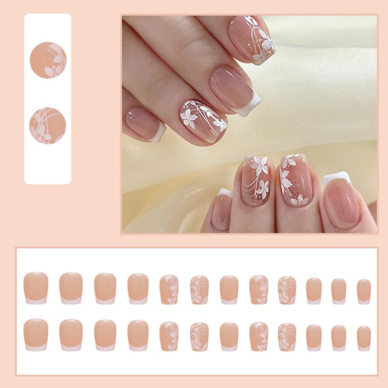 2025 Newest 24Pcs/Set Nail Art French Fake Nails Set With Glue Abs Plastic - Simple Short Nail Stickers