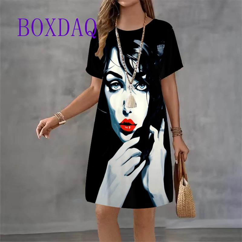 Fashion Black White Portrait Girl Printed Women's Dress 2025 New Summer Sundress Short Sleeve O-neck Loose Casual Mini Dress