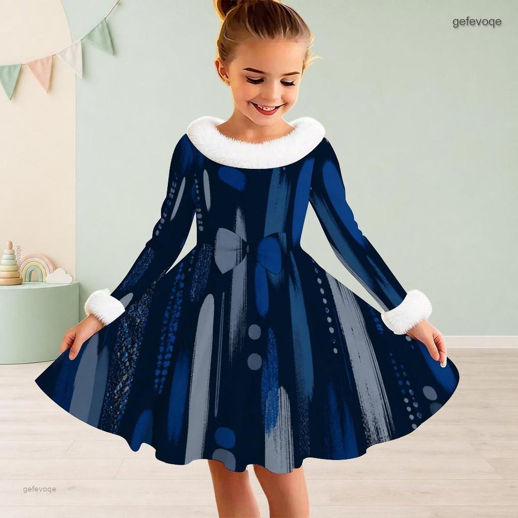 Girls White Fur Trim Long Sleeve Printed Navy Blue A Line Flared Dress