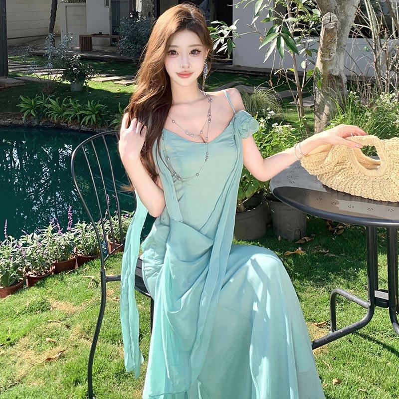 French Haute Dress Dress Holiday Style Waist Mint Green Greek Style Suspender Ribbon Pleated Dress Women's Summer