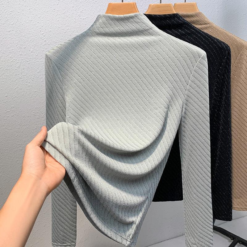 

Женская базовая рубашка с полувысоким воротником, Новая европейская женская одежда, Эластичный топ с завышенной талией 3XL светло-зеленый