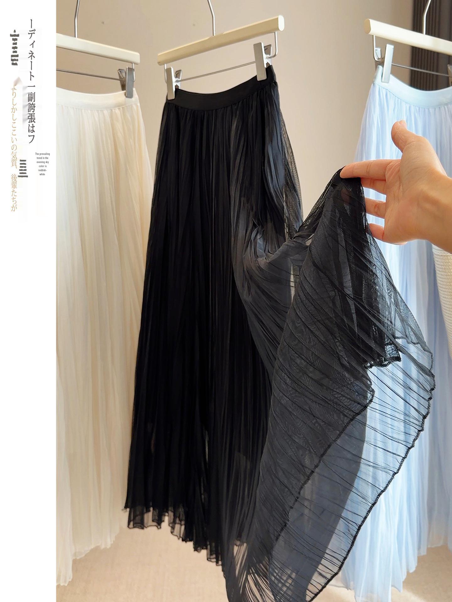 European Style High-Waisted Pleated Mesh A-Line Skirt – Women s Spring/Summer 2026 One Size чёрный