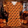 Women's Halloween Print Scrub Top with V-Neck and Pockets, Comfort Fit