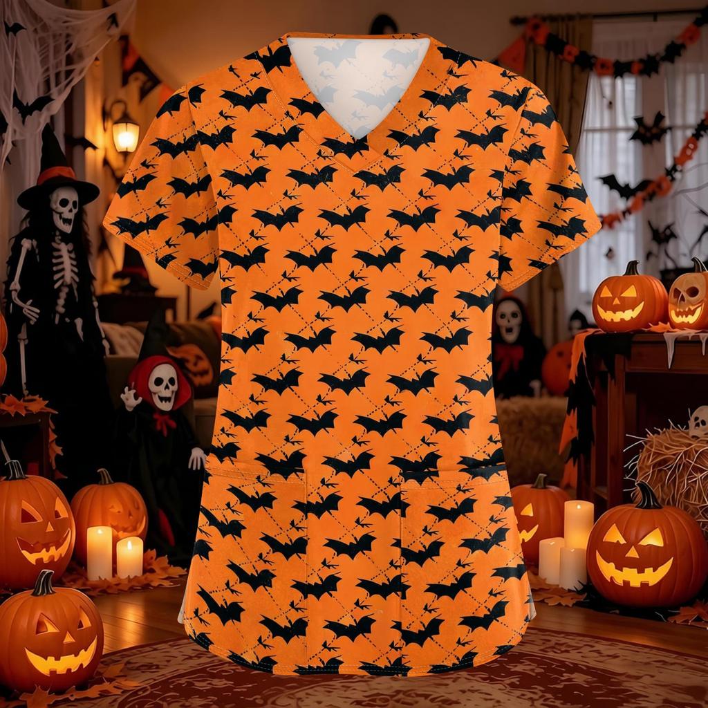 Women's Halloween Print Scrub Top with V-Neck and Pockets, Comfort Fit