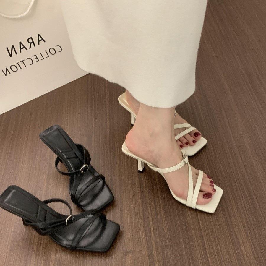 French fairy style beige square head open-toed slippers women's summer wear 2025 new stiletto 7cm high-heeled sandals
