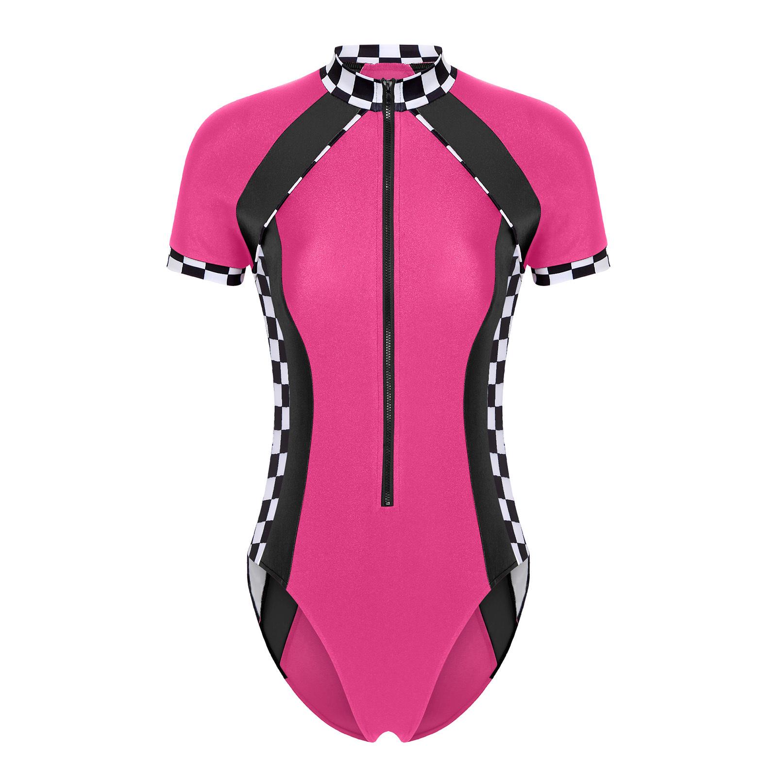 

Women Color Block Jumpsuit Plaid Stand Collar Short Sleeve Zipper Front Slim Fit Shiny Racer Costume Party Wear S