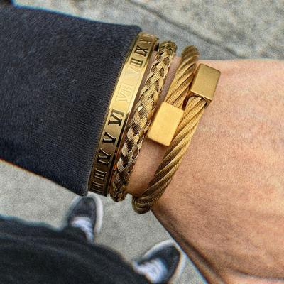 Luxus 3 teile/satz Edelstahl Armband Hip Hop Männer Schmuck Römische Zahl Charme Farbe Gold Schmuck Für Männer Pulseira Bileklik