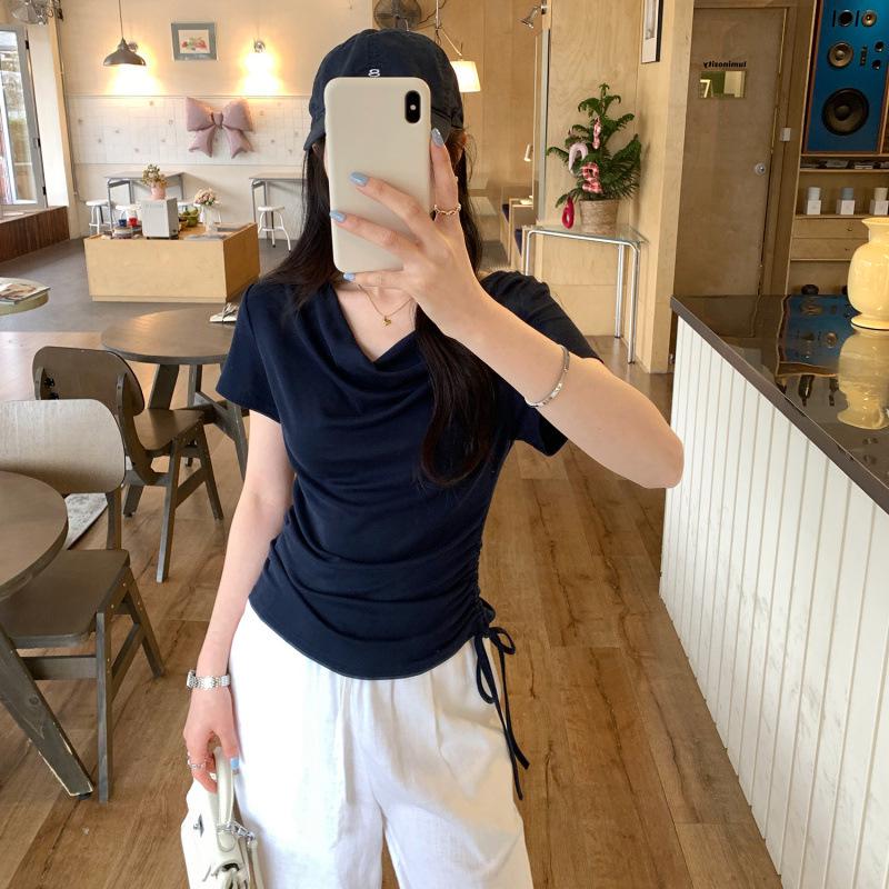 2026 Korean Style Lyocell Tencel Swing Neck Drawstring Short Sleeve Slim Fit Summer Top