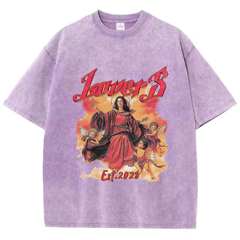 Street Women Washed T-Shirts Virgin Mary Lovesprinted Tee Shirts Comfortable Crewneck Cotton Oversize Tees Summer Clothes