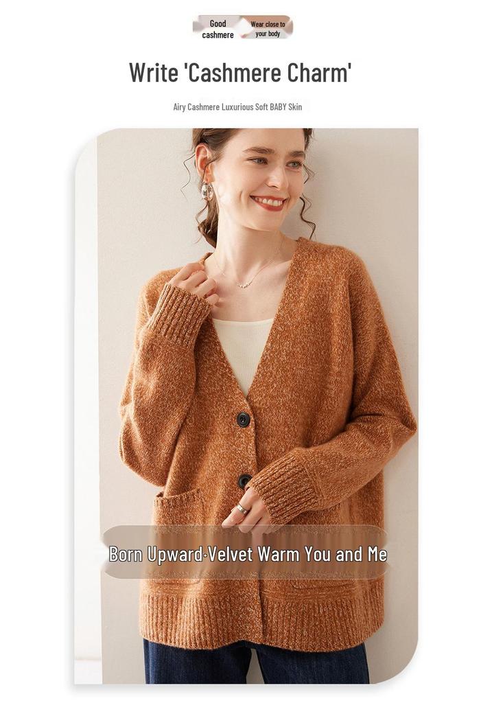 Women's V-Neck Cashmere Knit Cardigan - Autumn/Winter, Long Sleeve, Thick, Stylish & Versatile.