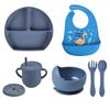 7pcs/set Baby Silicone Tableware Cartoon Printed Bibs Sucker Bowl Plate Cup Spoon Fork Sets Non-slip Children's Dishes BPA Free