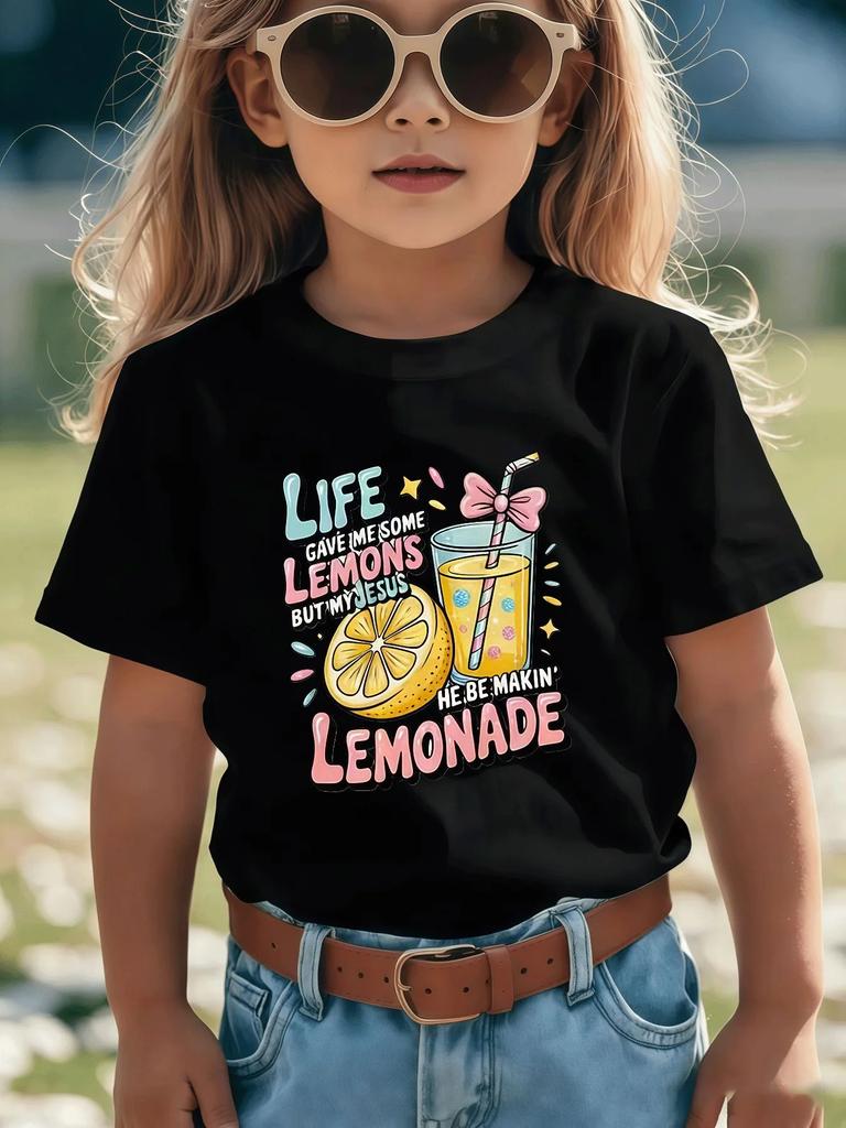 Kinder Sommer Lässiges T-Shirt Das Leben gab mir Zitronen Inspirierendes Zitronen- und Zitronenlimonadenbecher-Design Rundhals Kurzarm-T-Shirt
