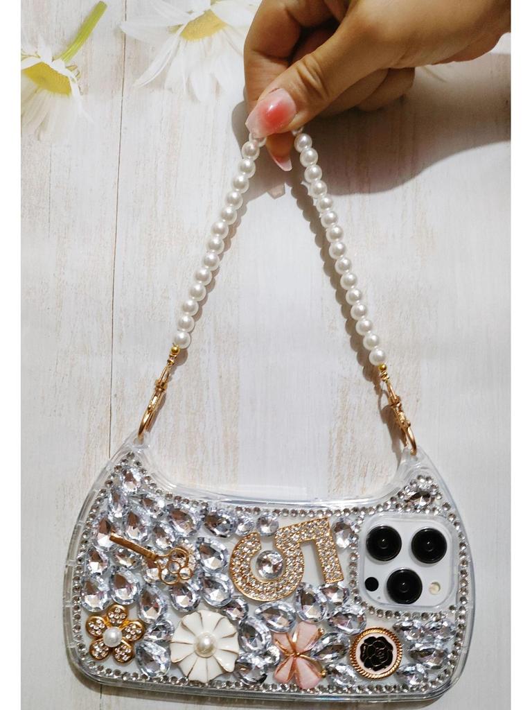 Luxury 14-Diamond Floral iPhone 16 Pro Max Case with Pearl Chain