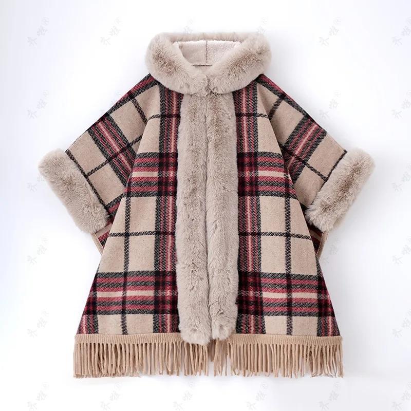 Faux Rabbit Fur Capes Coats Women Plaid Poncho Jackets Tassel Hooded Batwing Sleeves Open Stitch Loose Casual Autumn Winter