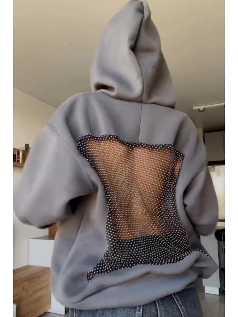 2025 Herbst/Winter Damen Kapuzenpullover mit Netz und Rückenausschnitt, einfarbig