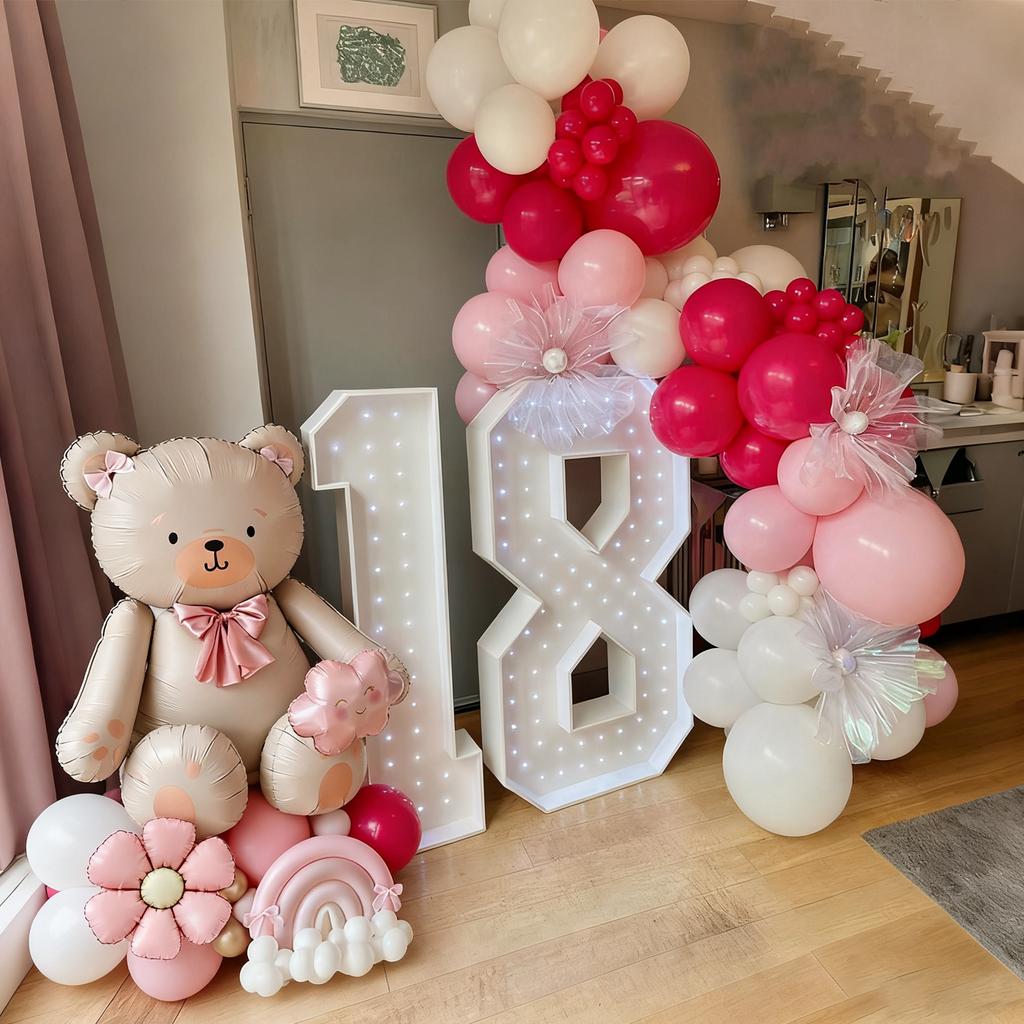Bow Bear Balloon Set with Pink Daisy Balloon Cloud Aluminum Film Balloon for Birthday Party Shower Proposal Wedding Decoration
