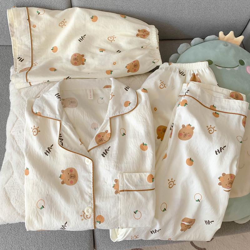 Blue Bear Women's Summer Cotton Pajama Set - Short-Sleeved, Cute Cartoon Design, Three-Piece Loungewear.