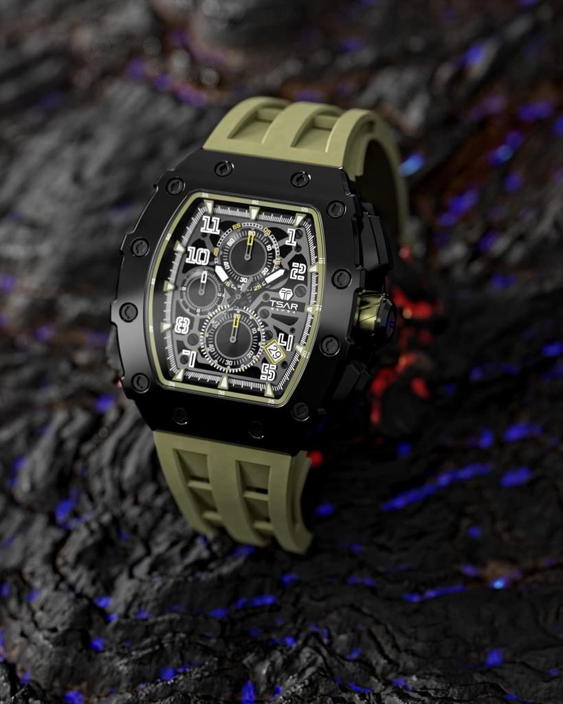 TSAR BOMBA Men's Tonneau Watch 50M Waterproof Classic Sapphire Crystal Silicone Strap Japanese Movement