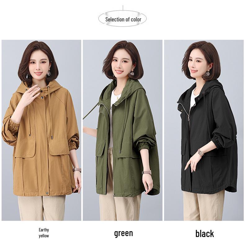 2024 Women's Plus Size Hooded Cotton Trench Coat - Spring & Autumn Casual Mid-Length Style